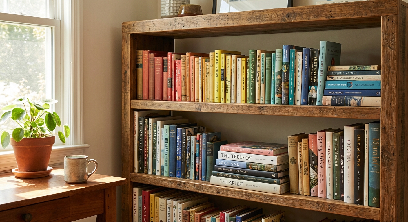 다양한 장르의 책들이 꽂힌 책장