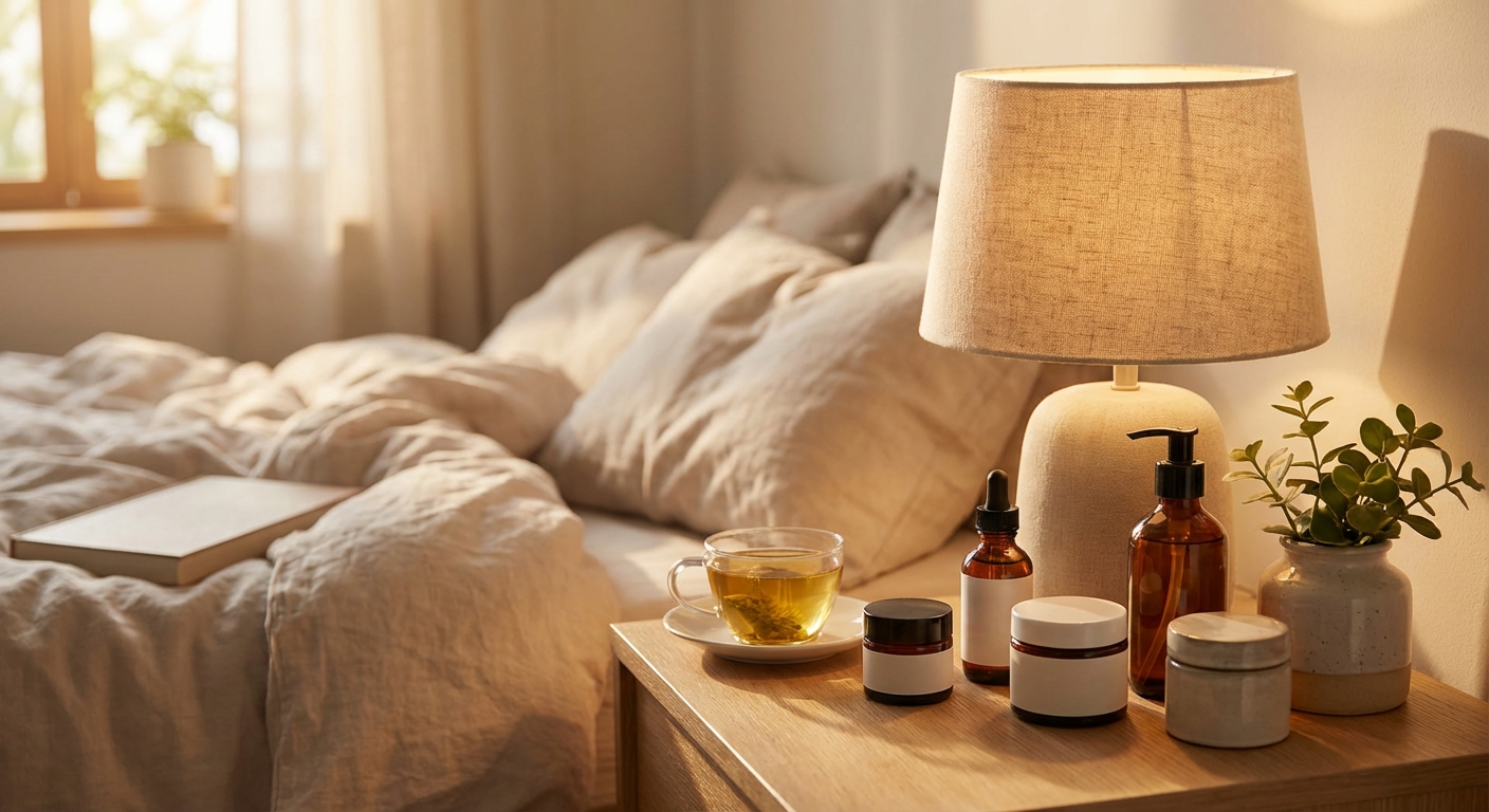 침대 옆 스탠드와 스킨케어 제품