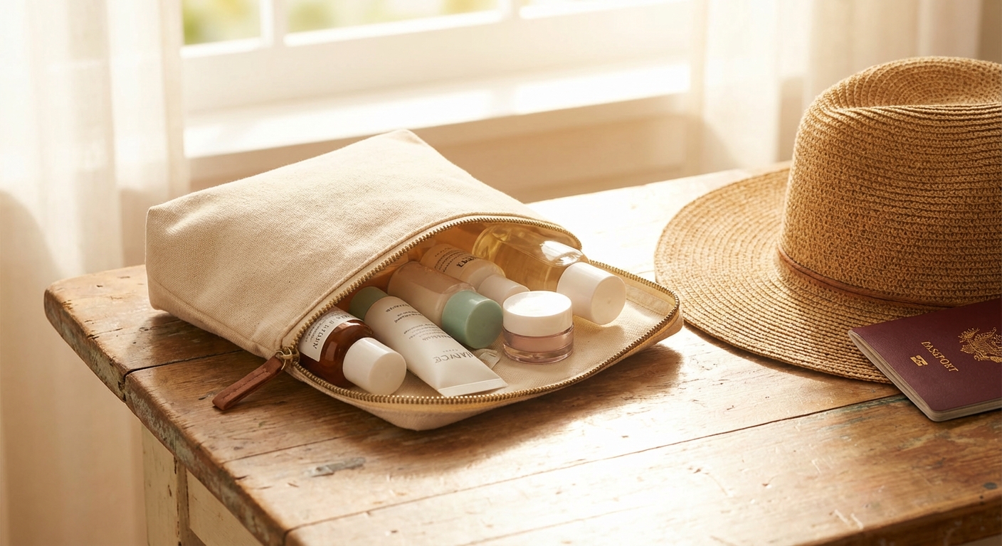여행용 파우치 속 작은 화장품들