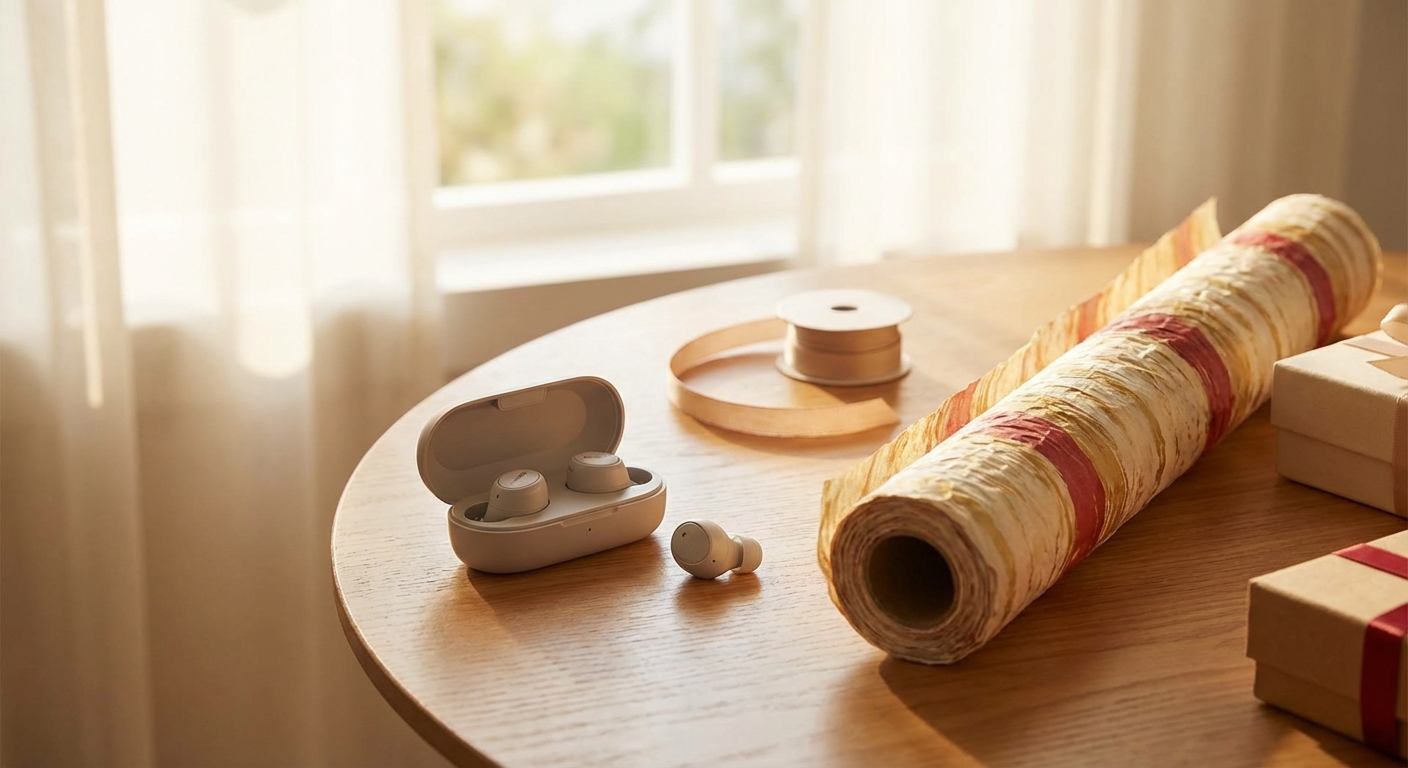 블루투스 이어폰과 선물 포장지