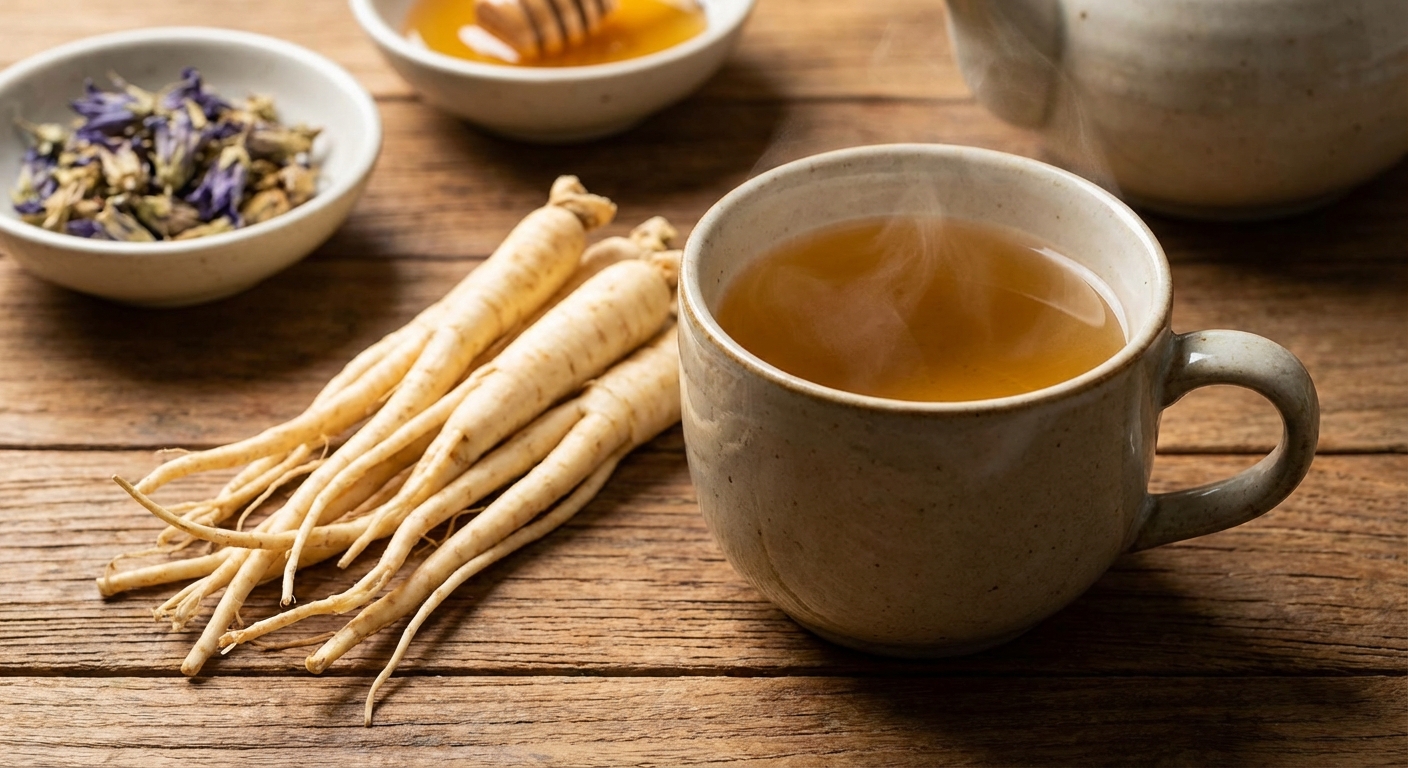 도라지 뿌리와 따뜻한 도라지차