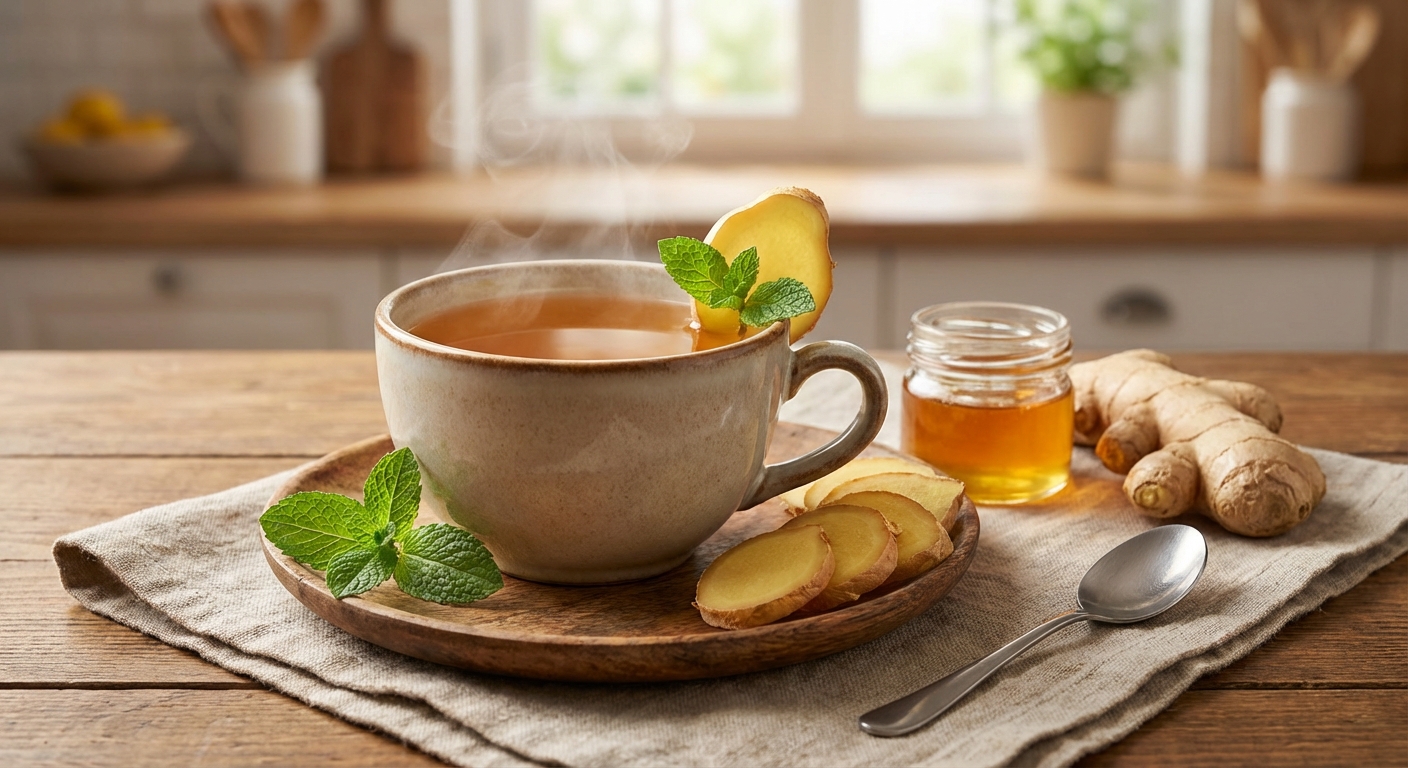 생강 슬라이스와 생강차가 담긴 찻잔