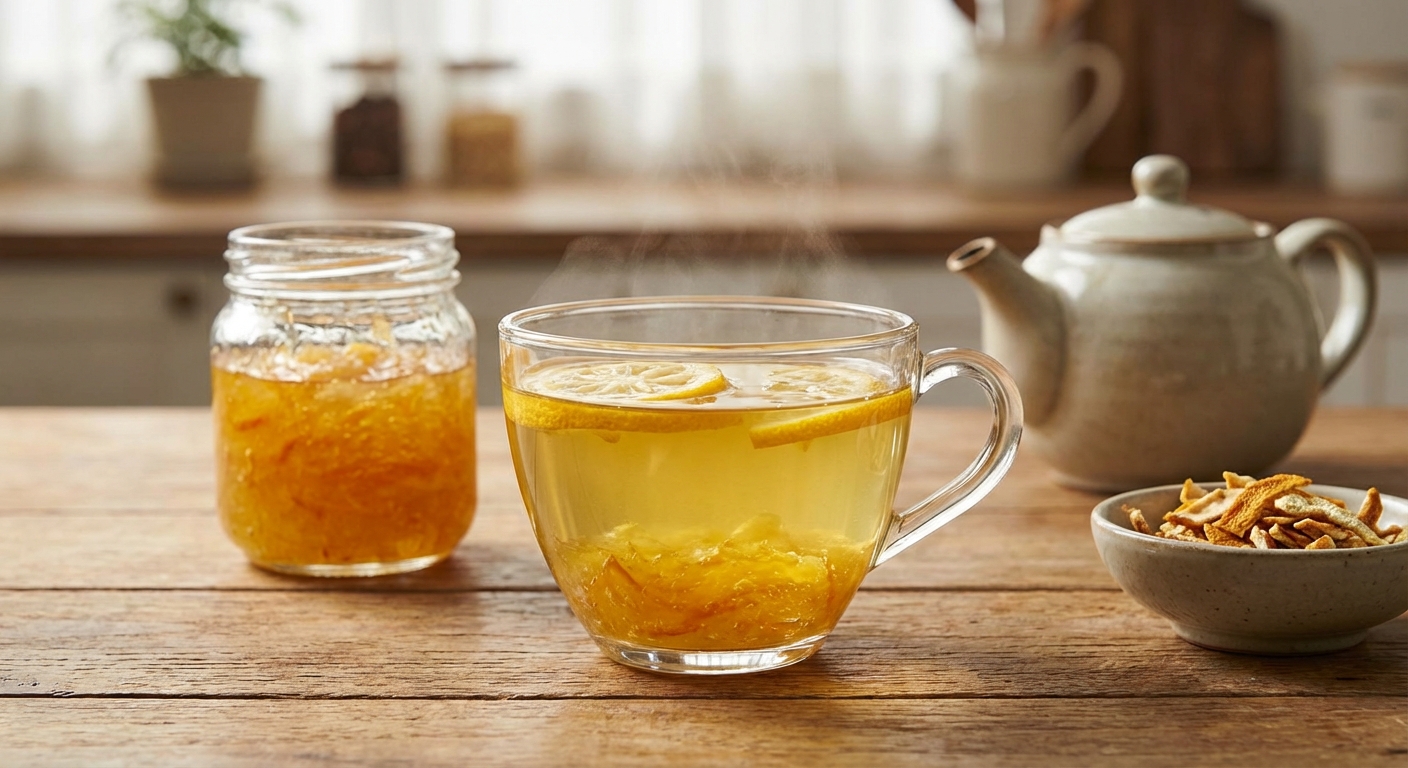 유자청과 유자차가 담긴 투명 컵