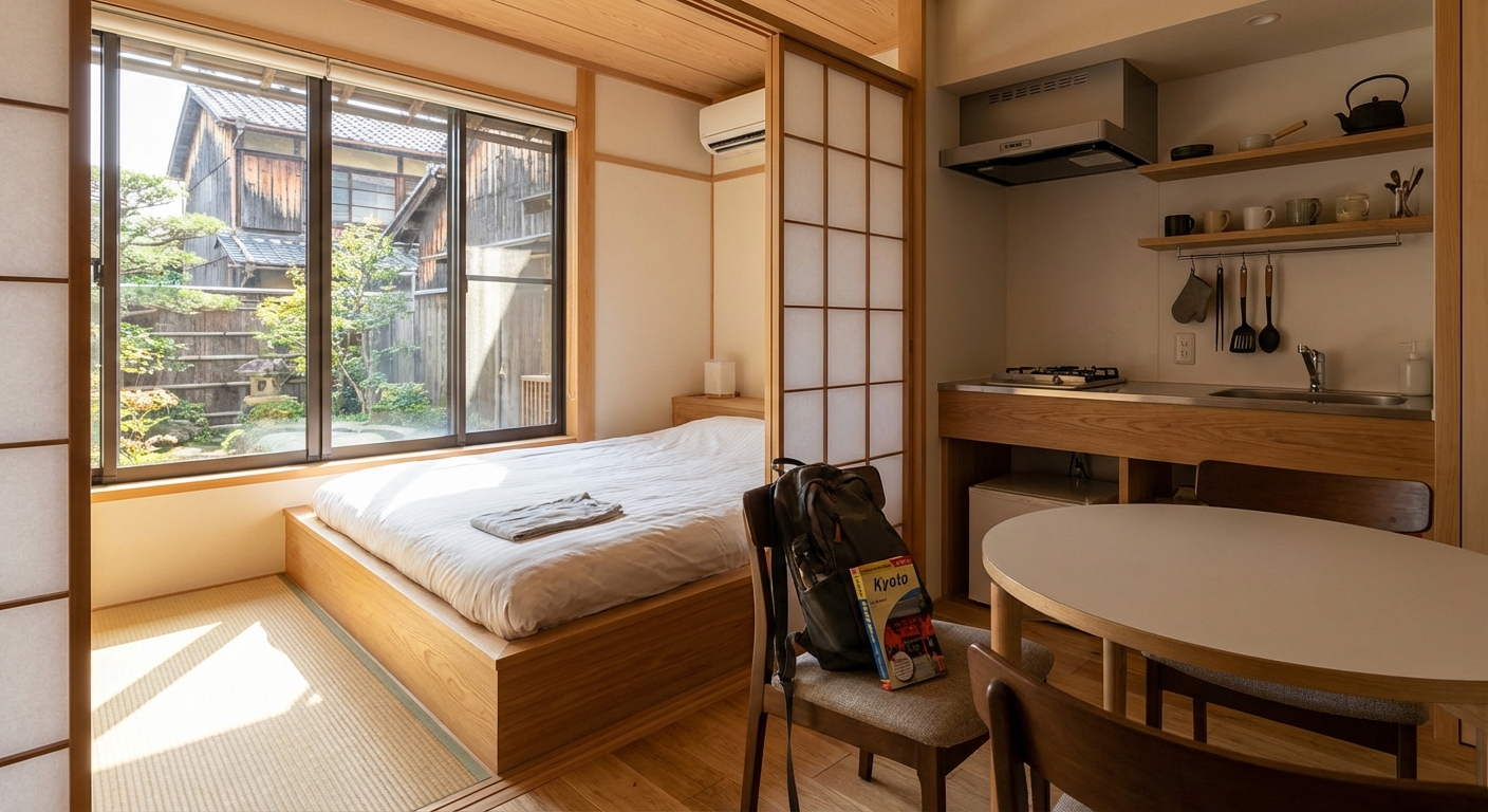 교토 원룸형 숙소 내부와 주방 시설