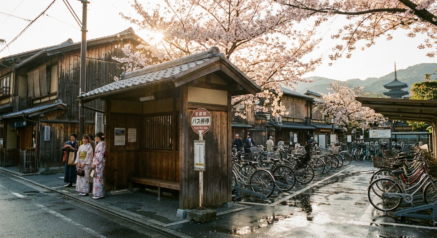교토 버스 정류장과 자전거 주차장