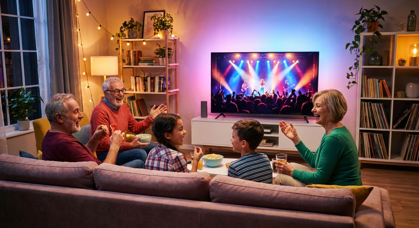 가족이 함께 TV로 콘서트를 시청하는 모습