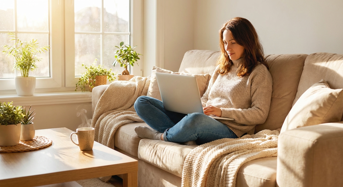 소파에서 노트북 사용하는 모습