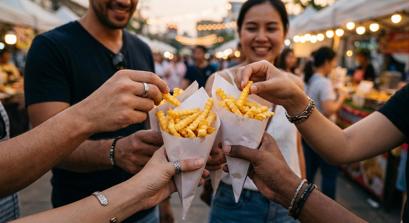 감자튀김을 들고 웃는 사람들의 손