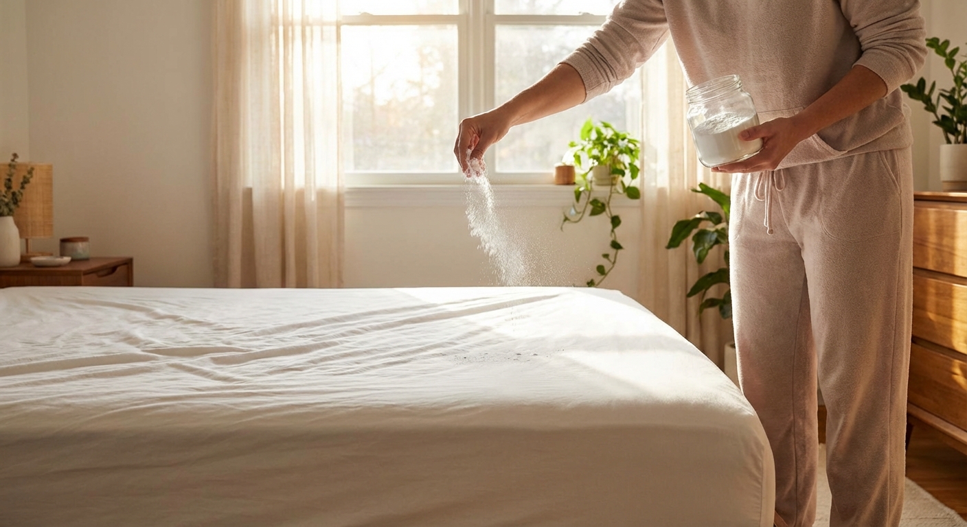 매트리스 전체에 고르게 베이킹 소다를 뿌리는 장면