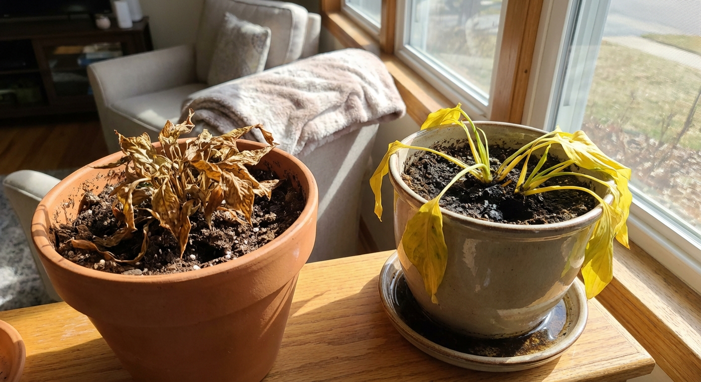 말라가는 식물과 과습으로 축 늘어진 식물 비교