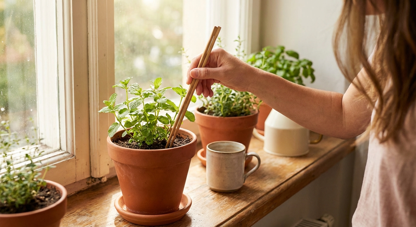 나무젓가락을 화분에 넣는 모습