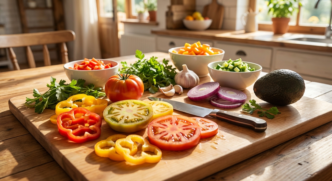 도마 위 다양한 식재료 준비 모습