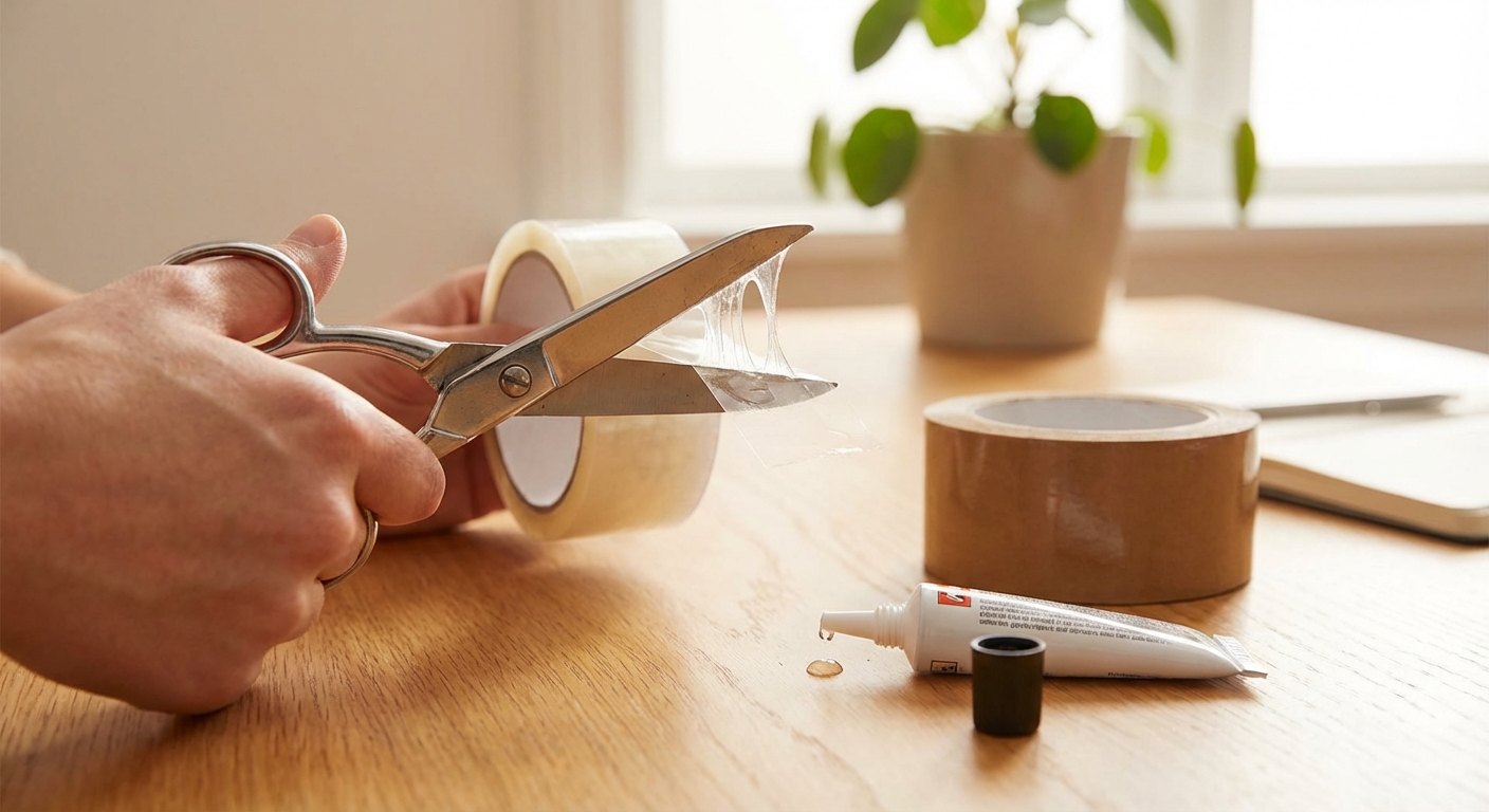 테이프를 자르는 가위와 접착제가 묻는 과정