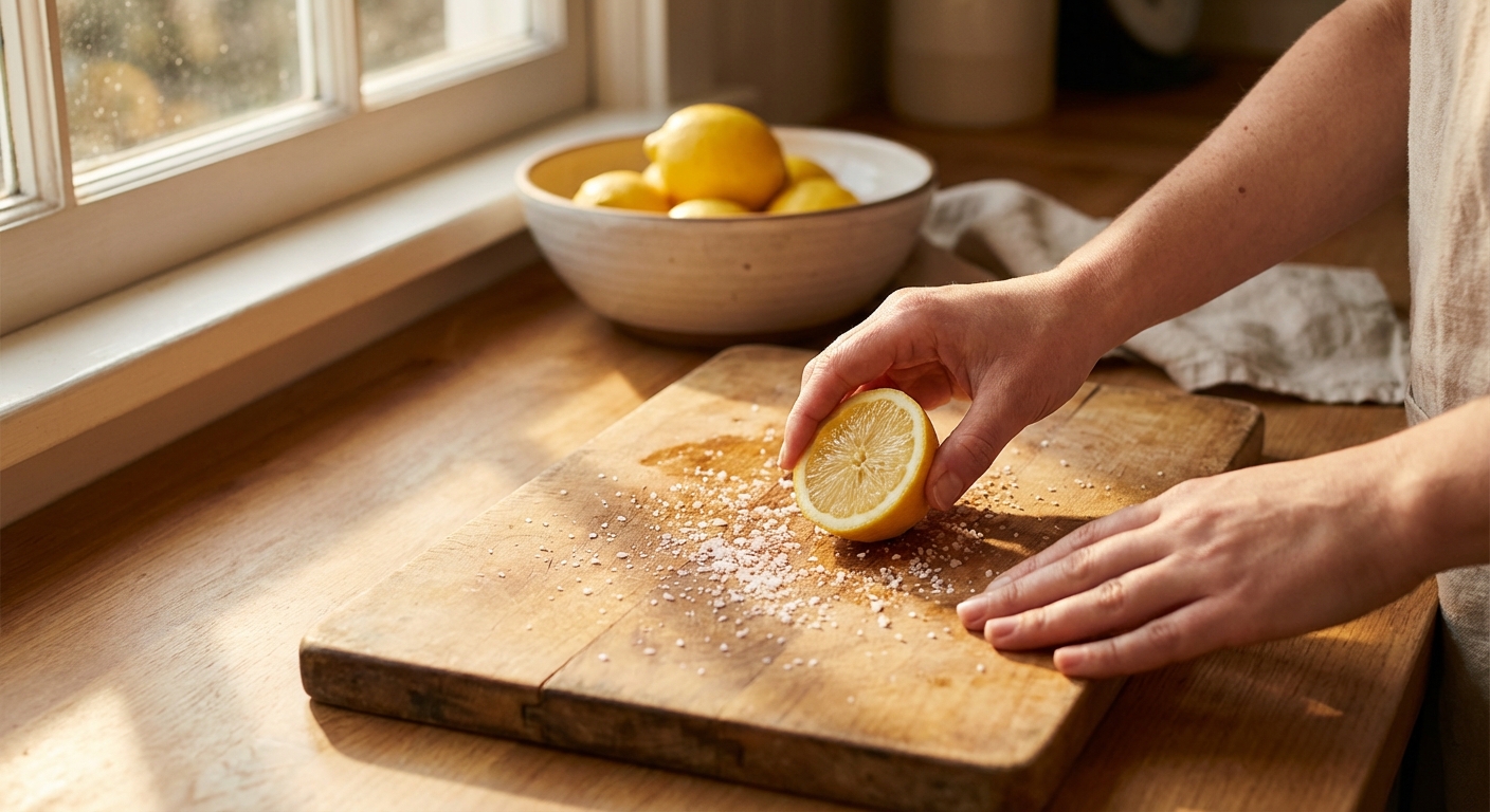 레몬과 소금으로 도마를 닦는 손 클로즈업