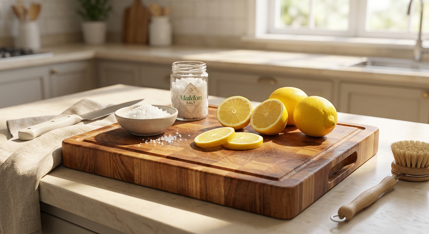 깨끗하게 관리된 나무 도마와 레몬, 소금 제품