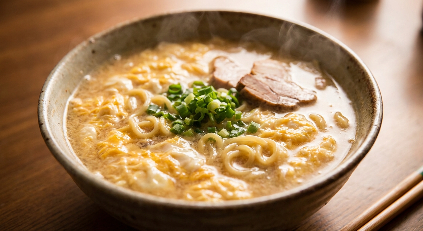 계란을 풀어 넣은 라면 국물의 걸쭉한 질감