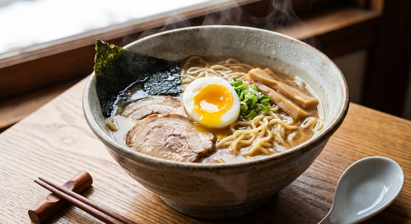 반숙 계란이 올라간 라면 완성 사진