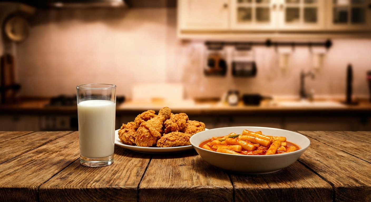야식과 우유가 함께 놓인 식탁 풍경