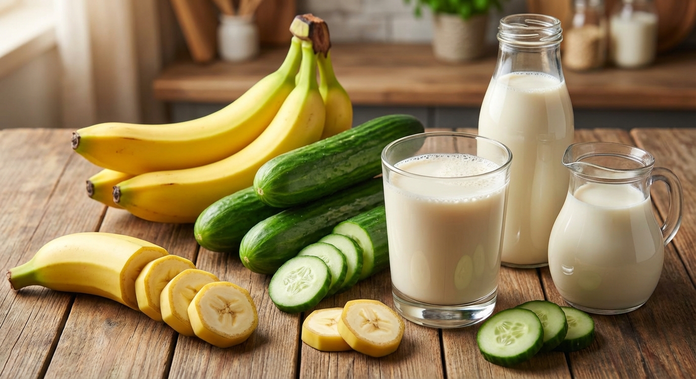 바나나, 오이, 두유가 함께 있는 식재료 구성