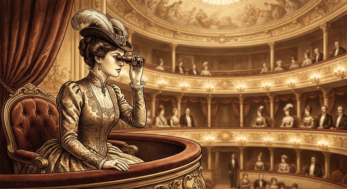 오페라 하우스 객석에서 오페라 글라스로 다른 좌석을 보는 귀족 여성 삽화