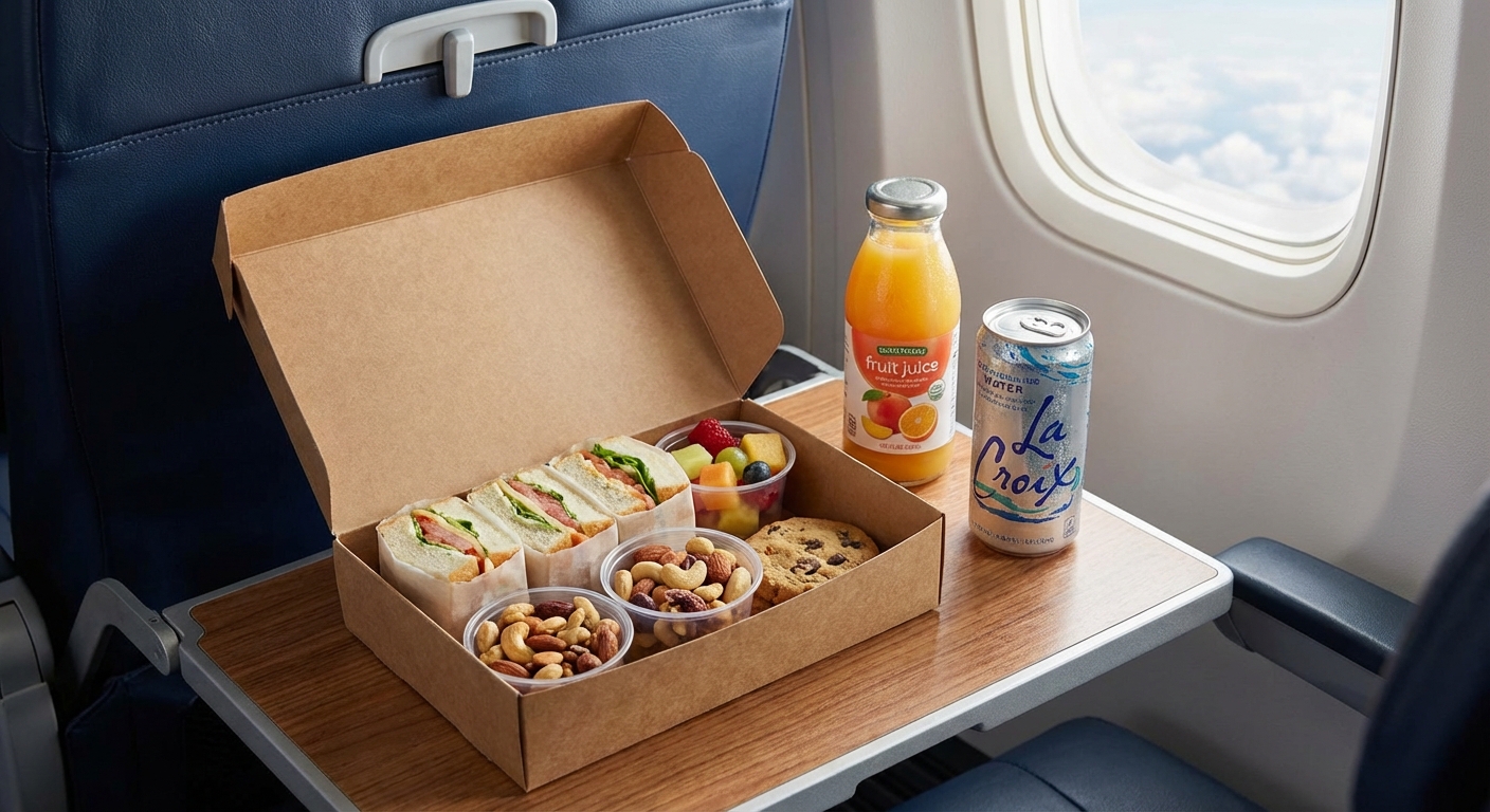 단거리 비행 스낵 박스 세트와 음료