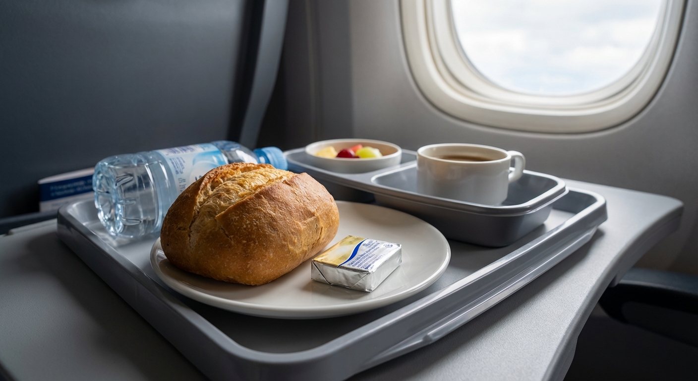 기내식 트레이의 버터와 롤빵