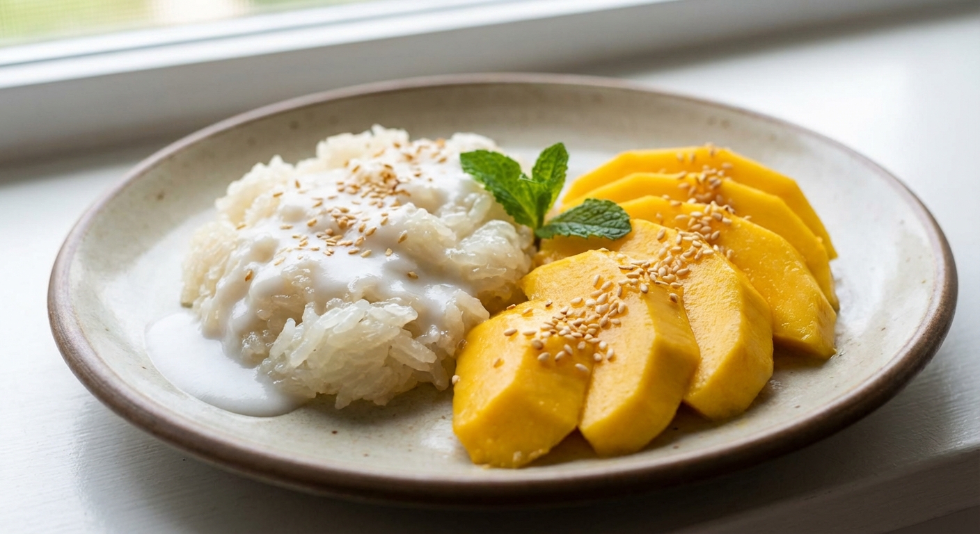 망고 찹쌀밥 한 접시 클로즈업