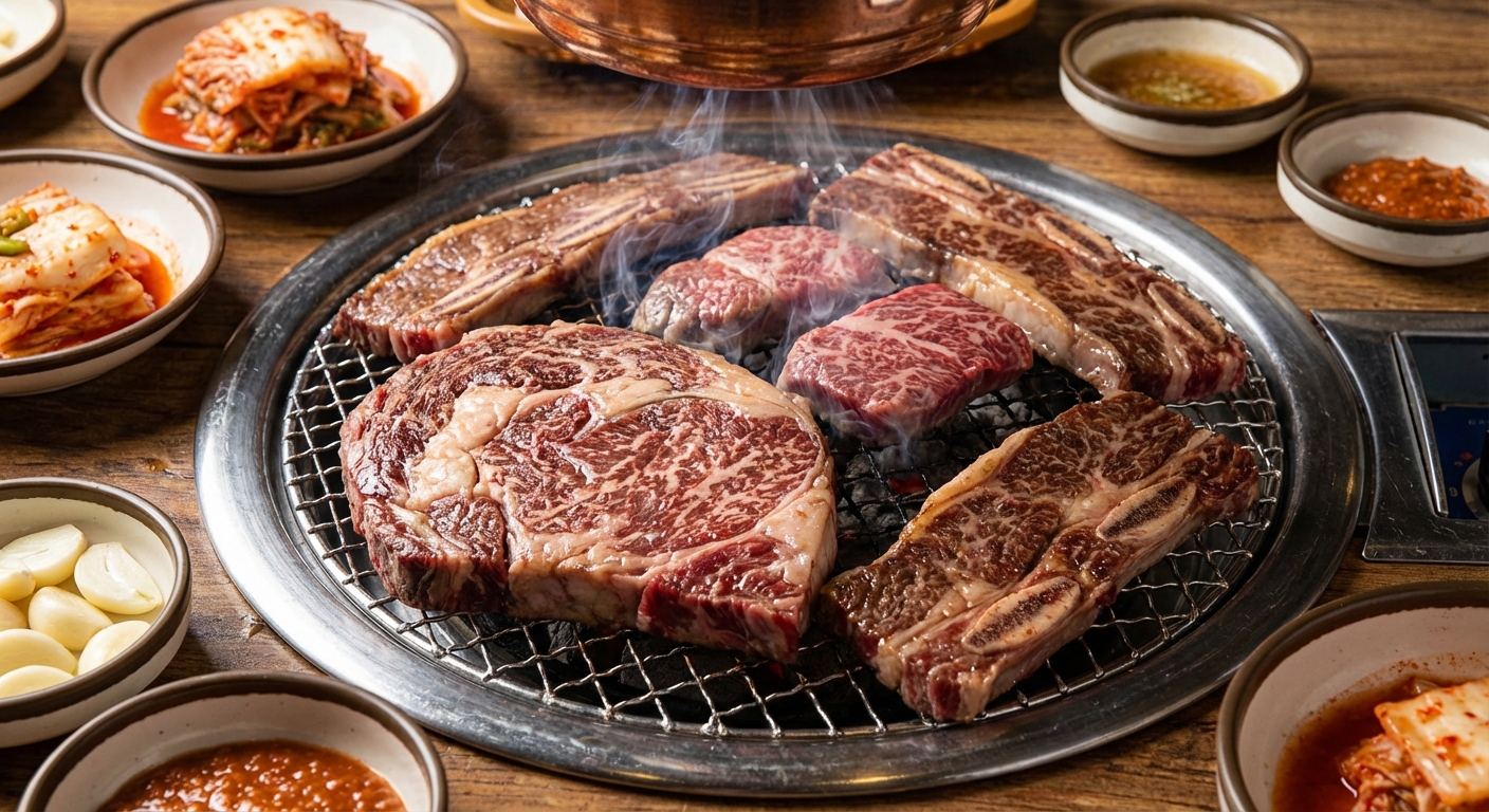 구이용 소고기를 불판에서 굽는 모습