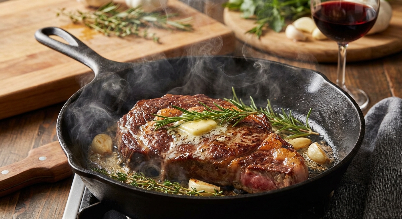 두툼한 스테이크를 팬에서 굽는 장면