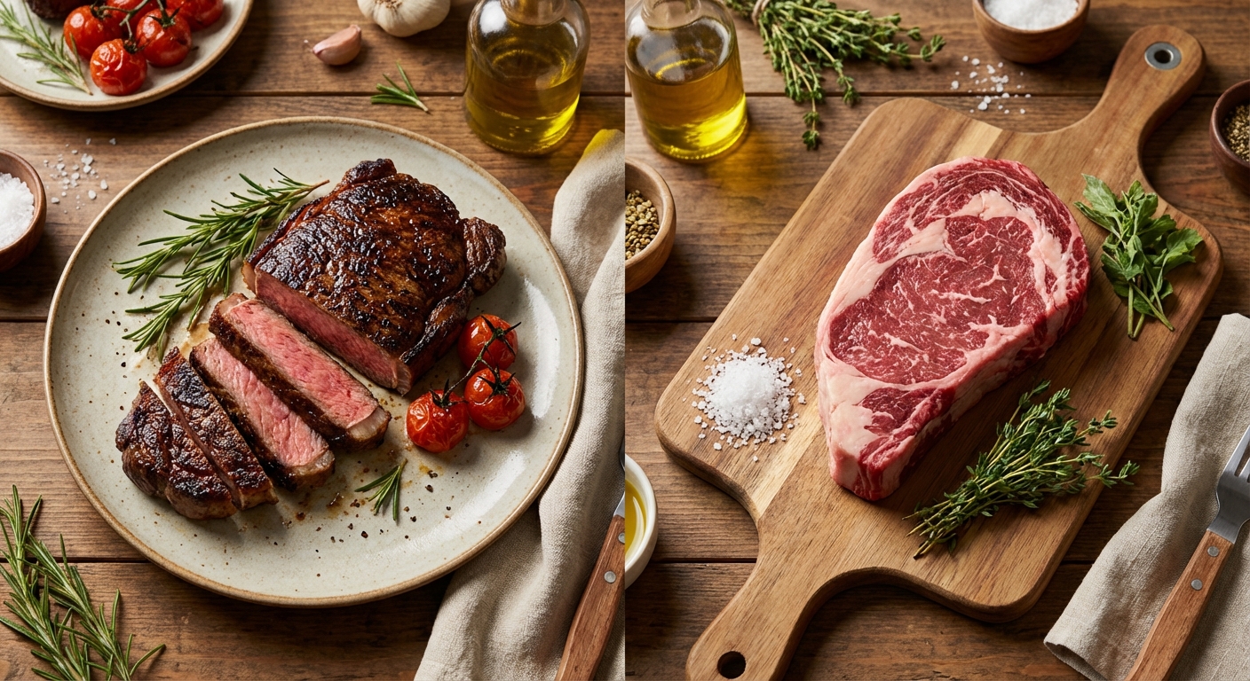 완성된 스테이크와 구이용 고기를 각각 플레이팅한 사진