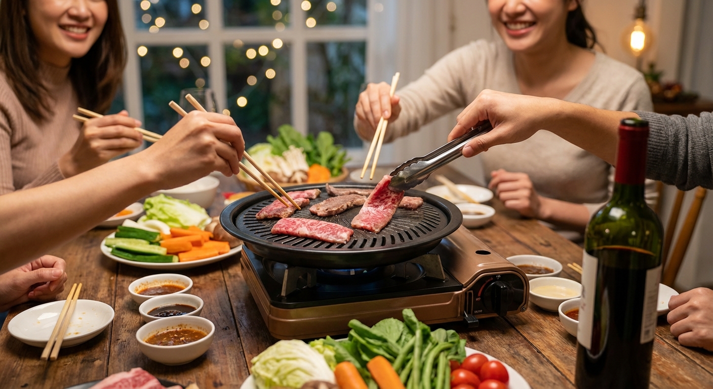 집에서 소고기를 구워 먹는 홈파티 장면