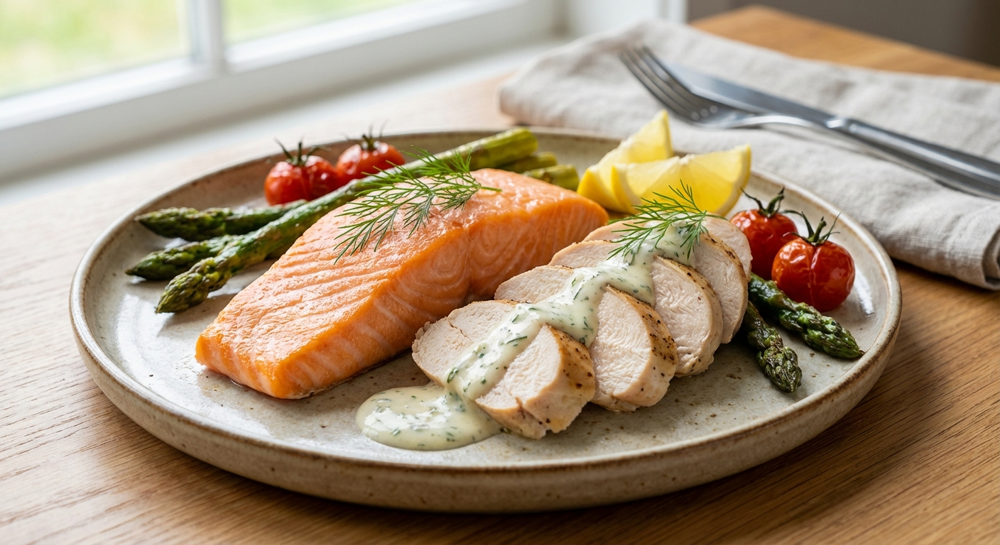 수비드로 조리한 연어와 닭가슴살 플레이팅