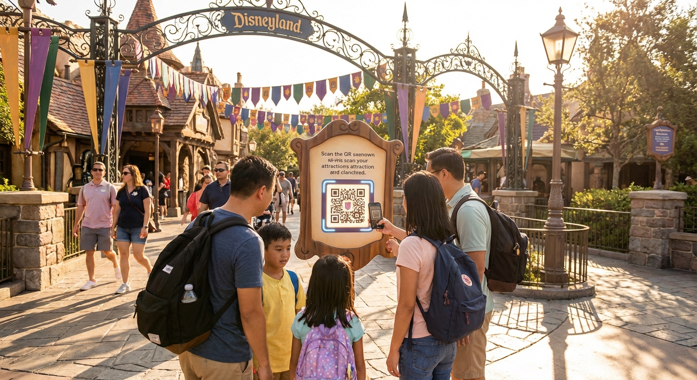 디즈니랜드 어트랙션 입구와 QR코드 스캔 장면