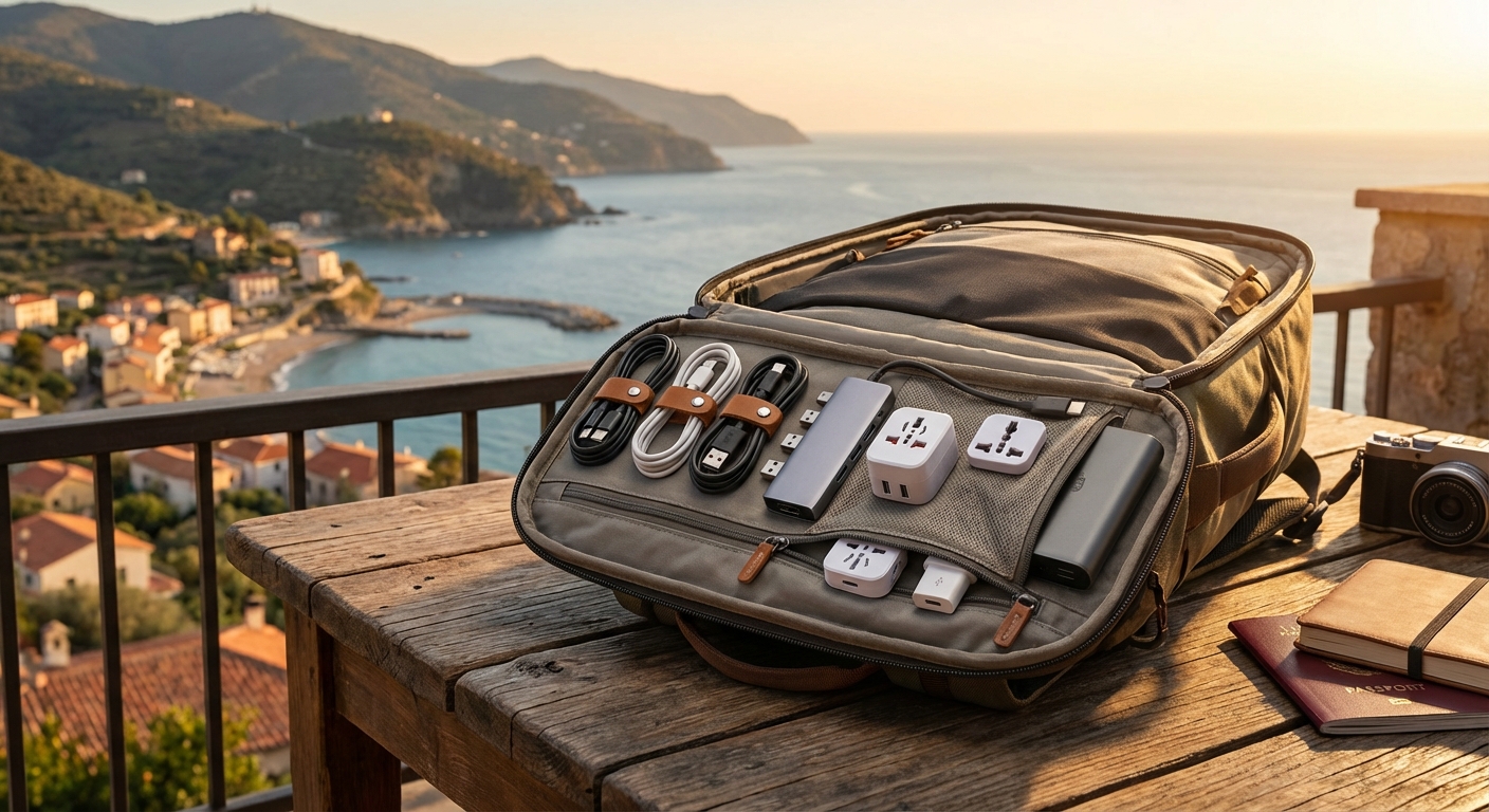 여행 가방 안에 정리된 충전 케이블과 어댑터