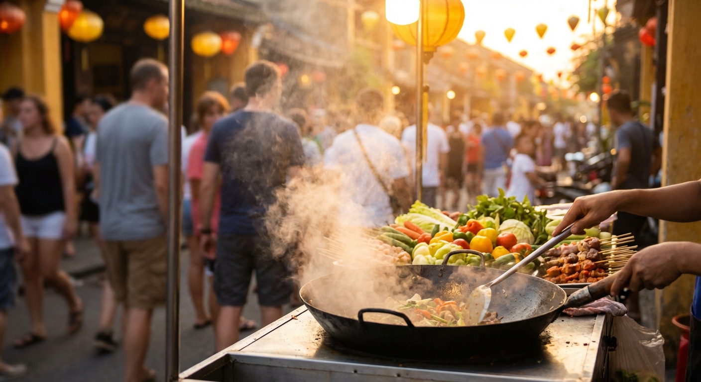 뜨겁게 조리되는 노점 음식