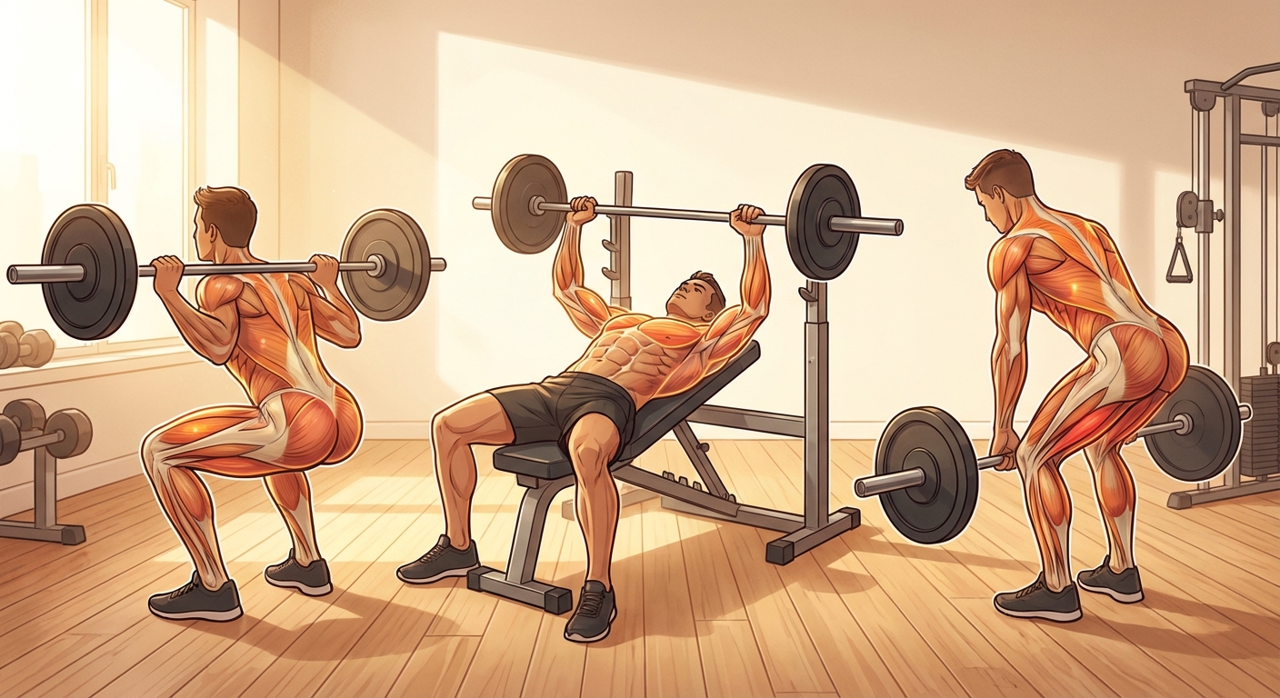 3대 운동 도해 및 주요 근육 부위 표시