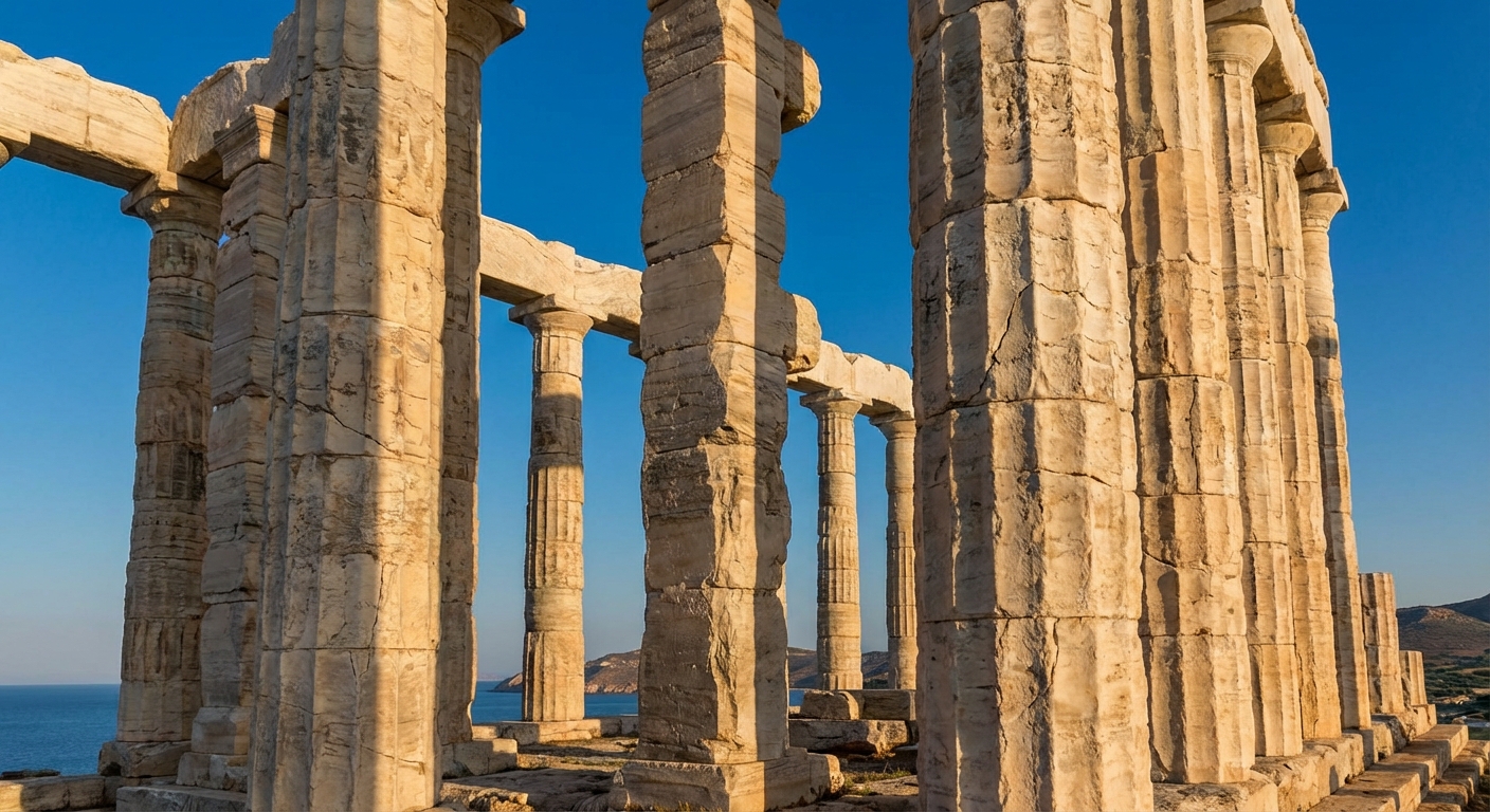 포세이돈 신전 기둥 클로즈업, 대리석 질감과 푸른 하늘