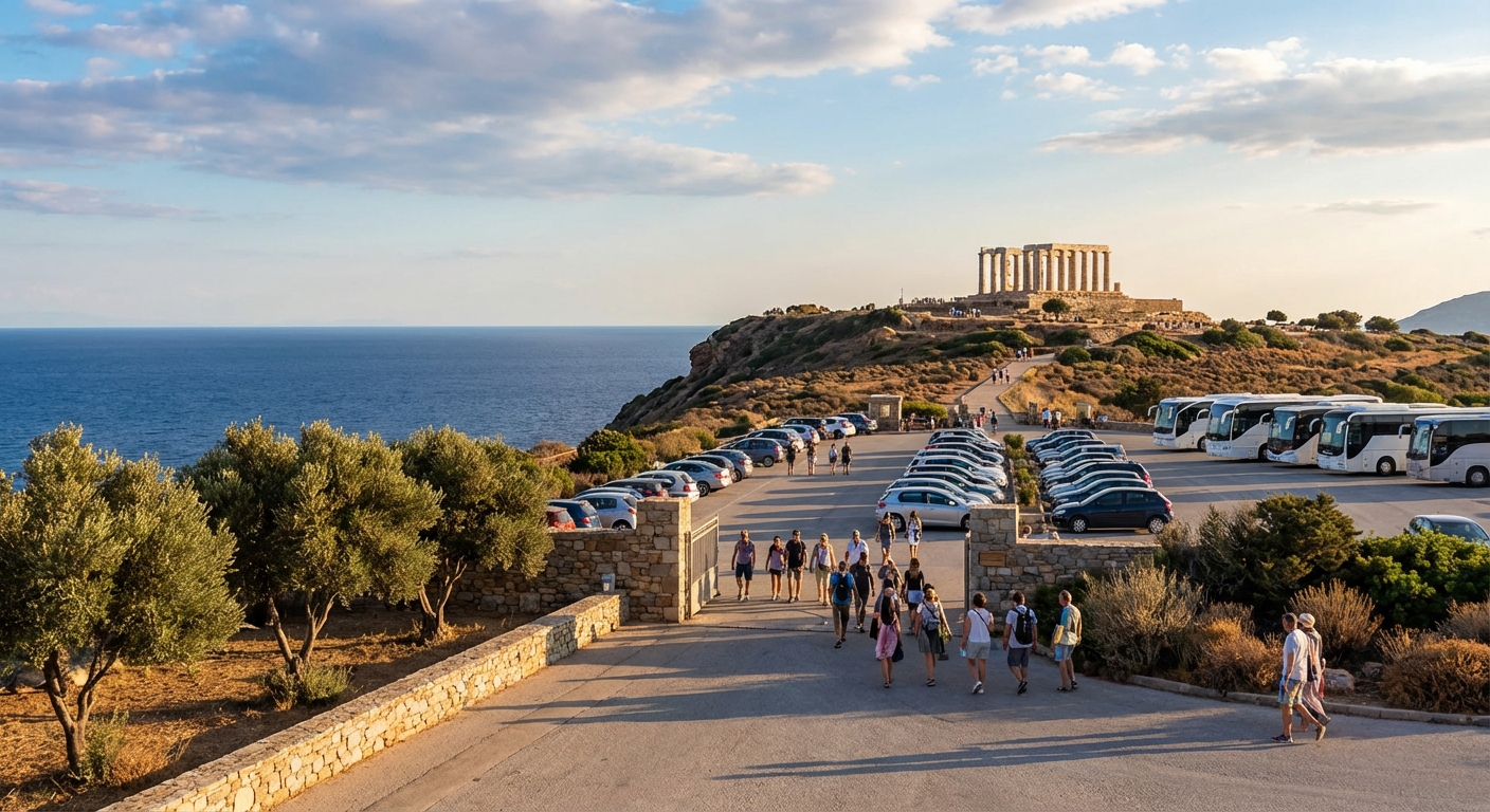 수니온곶 입구 전경, 관람객과 주차장