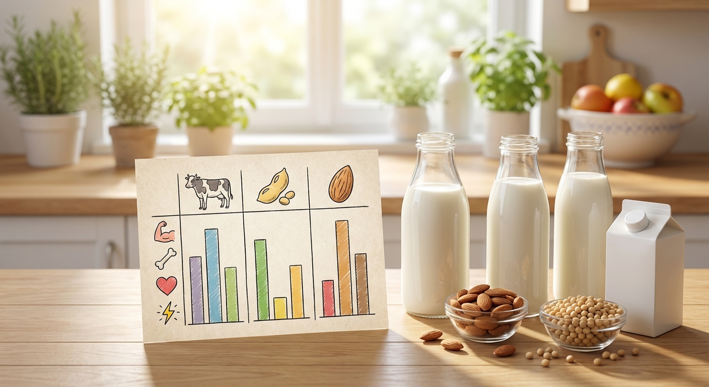 우유, 두유, 아몬드 음료의 영양 성분 비교 표