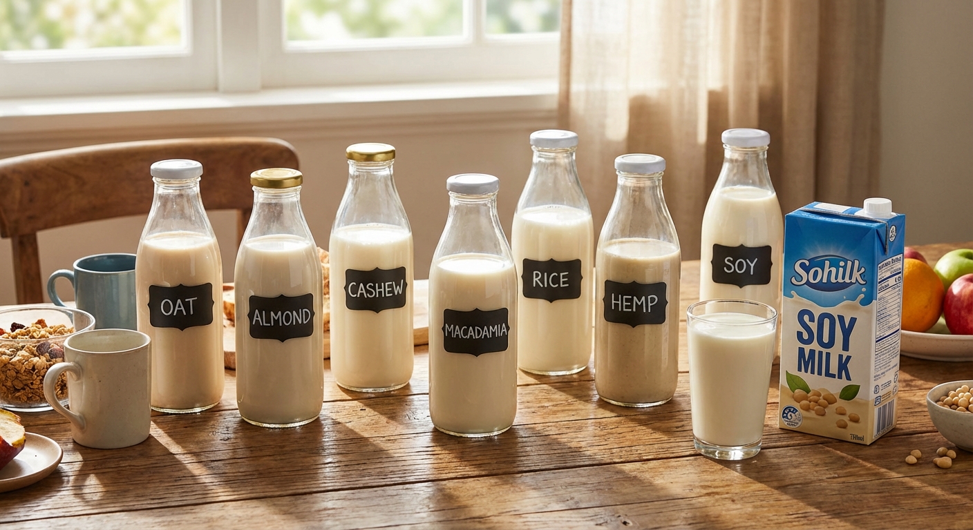 다양한 식물성 음료와 우유, 두유가 함께 놓인 모습