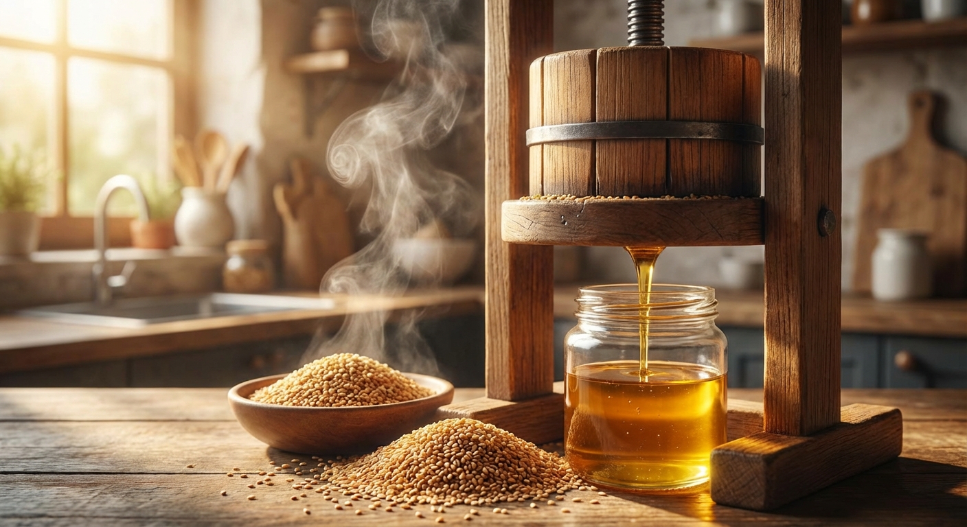 착유기로 참기름 짜는 모습