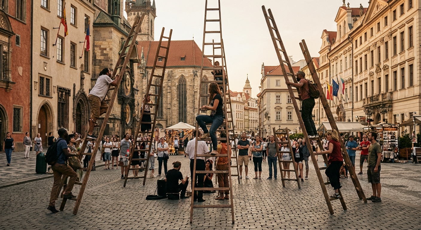 도심 속 사다리와 사람들
