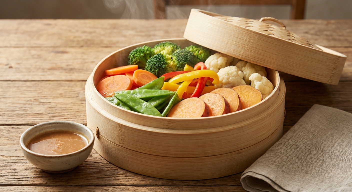 찜기에 올린 다양한 채소