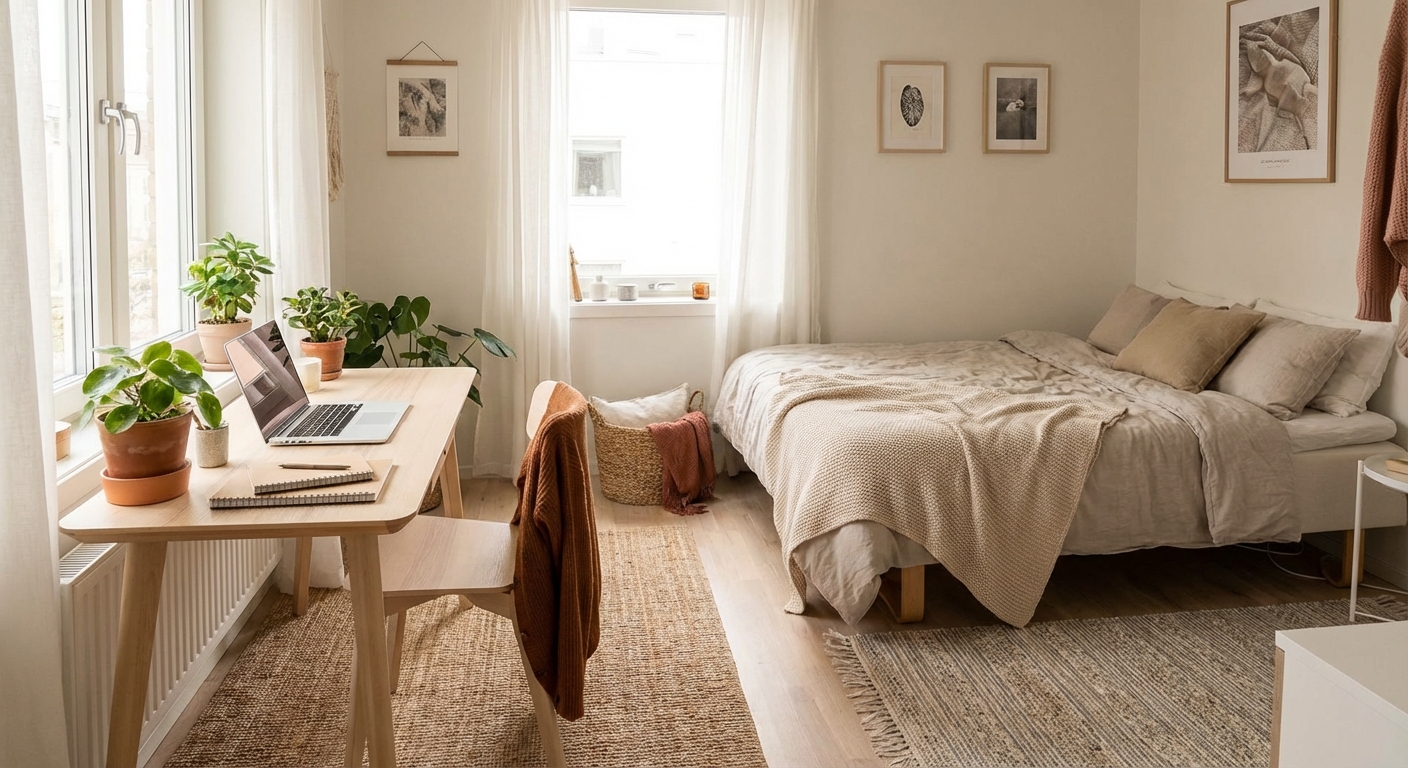 업무용 책상과 침대가 한 공간에 있는 원룸