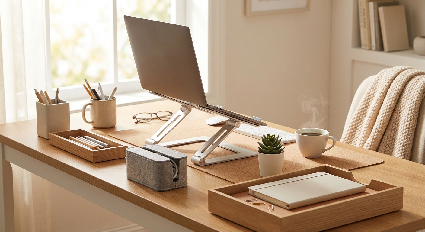 재택근무용 책상 정리 용품과 노트북 스탠드