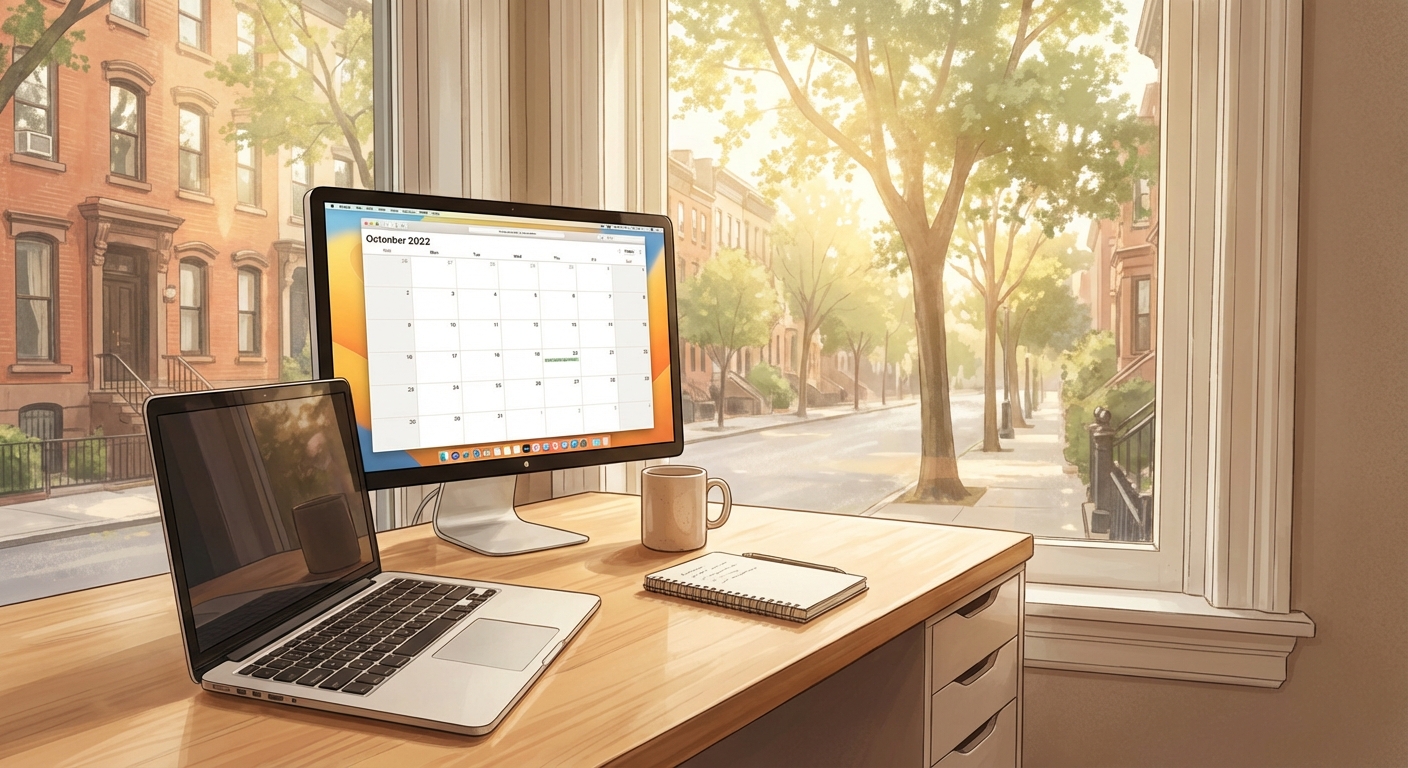 정돈된 재택 업무 공간과 창밖 풍경