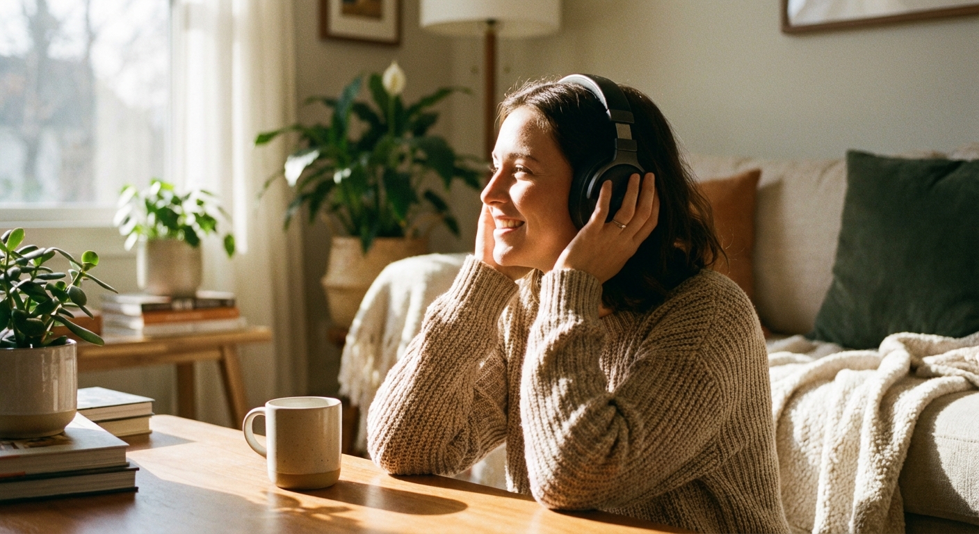 헤드폰으로 음악 듣는 장면