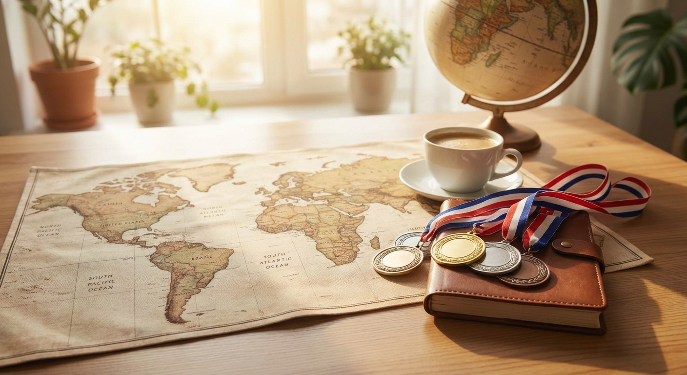 세계 지도와 메달