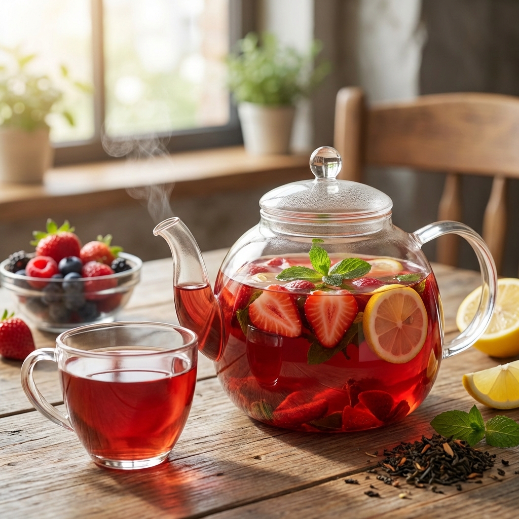 유리 티팟에 담긴 과일차와 딸기, 레몬 가니쉬