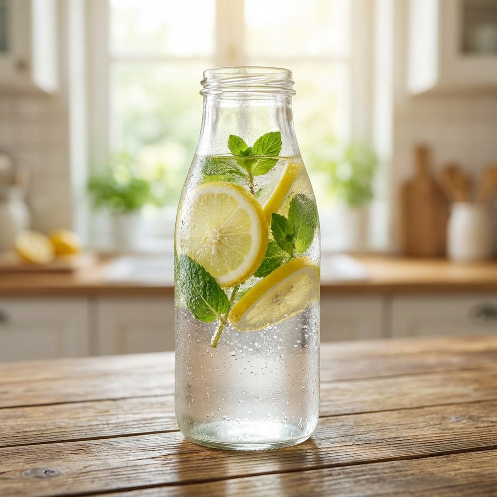 레몬과 민트가 들어간 디톡스워터 병